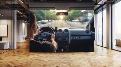 Hands on the wheel when driving at high speed from inside the car. Wall mural