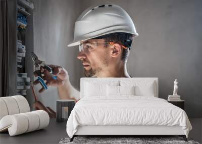 Man, an electrical technician working in a switchboard with fuses. Installation and connection of electrical equipment. Wall mural