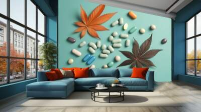 Marijuana leaves and cannabis pills, generative AI. Wall mural