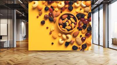 Nuts and dried fruits on a yellow background, generative AI. Wall mural