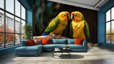 Two orange parrots sit on a branch, generative AI. Wall mural