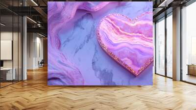 A beautiful heart-shaped agate stone with vibrant purple patterns, set against a soft, flowing backdrop of pastel colors. Wall mural