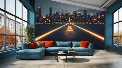 A captivating city road illuminated by vibrant lights, leading into the urban skyline, perfect for travel or cityscape themes. Wall mural