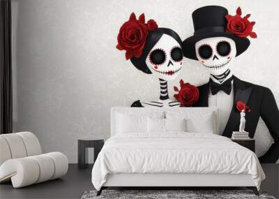 A charming skeleton couple in elegant attire, adorned with roses, celebrating love and togetherness in a whimsical manner. Wall mural