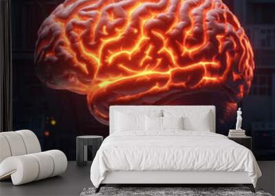 A glowing brain model showcasing neural connections in a high-tech lab environment, representing advanced neuroscience concepts. Wall mural