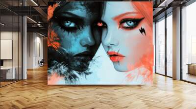 A mesmerizing artwork featuring two contrasting faces, embodying beauty and mystique in vibrant colors and striking details. Wall mural