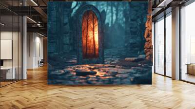 A mystical gateway illuminated by soft light, surrounded by ancient stones, evoking enchantment and mystery in a forest setting. Wall mural