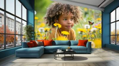 a scene of children playing outside, engaging with the signs of spring for the first time of the year--chasing butterflies, blowing dandelion seeds, or picking the first flowers. Wall mural