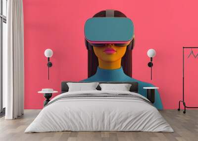 A woman immersed in virtual reality, wearing a sleek VR headset against a vibrant pink background, showcasing technology and innovation. Wall mural