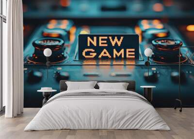 Close-up of a gaming console with illuminated controls, showcasing 'NEW GAME' button in a vibrant and modern setup. Wall mural