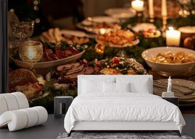 A beautifully set Christmas dinner table with a variety of dishes, candles and a festive ambiance. Wall mural