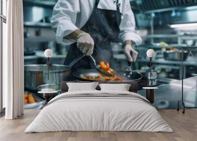 A chef is cooking food in a kitchen with a variety of pots and pans Wall mural