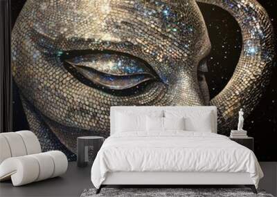 A close-up of a glittery alien-like sculpture with a starry background. Wall mural