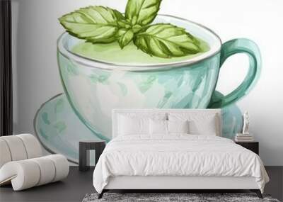 A cup of green tea with mint leaves on top. Wall mural