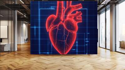 A digital rendering of a human heart with a blue grid background, representing the concept of healthcare and technology. Wall mural