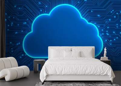 A glowing blue cloud icon on a circuit board background, symbolizing cloud computing. Wall mural