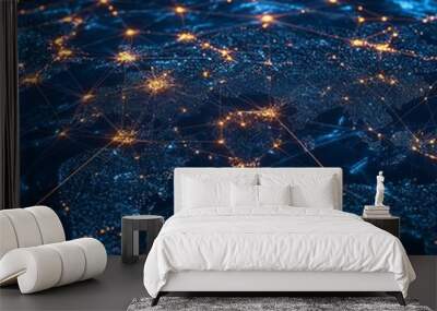 A glowing network of lines connecting cities around the globe, symbolizing global connection. Wall mural