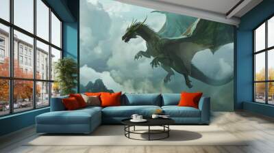 A green dragon is flying through the sky above a mountain Wall mural