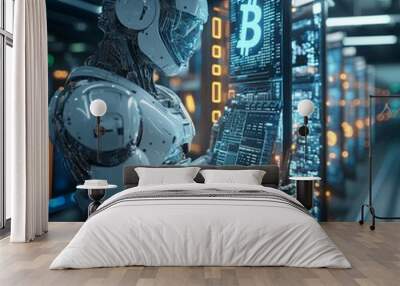 A humanoid robot stands in a server room, monitoring a screen displaying a Bitcoin logo. Wall mural