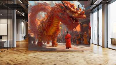 A large red dragon walks through a crowd of people in a Chinese town. Wall mural