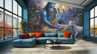 A peaceful depiction of Lord Shiva meditating, holding a flame and surrounded by nature, with his mount Nandi the bull at his side. Wall mural