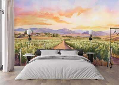 A picturesque vineyard pathway leads towards a house nestled in rolling hills at sunset. Wall mural