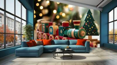 A red, green, and gold wooden toy train with a Christmas tree in the background. Wall mural