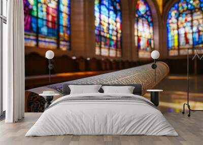 A rolled up ancient scroll lies on the floor of a cathedral with stained glass windows behind it. Wall mural