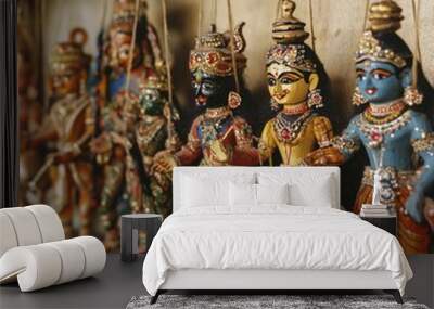 A row of colorful Indian puppets hanging on strings in a wooden frame. Wall mural