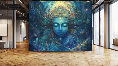 A serene blue goddess with a crown of jewels, surrounded by aquatic life and glowing with a golden light. Wall mural