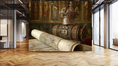 A silver crown rests on a rolled up document, both on a table in front of a tapestry wall. Wall mural