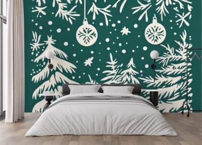 A simple, stylized illustration of a snowy winter scene with pine trees and ornaments. Wall mural