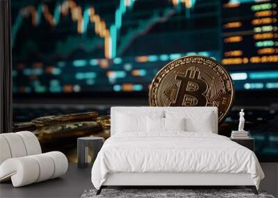 A single gold Bitcoin coin sits on a laptop keyboard in front of a computer screen displaying a stock market chart. Wall mural