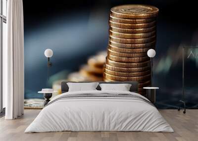 A stack of gold coins on a financial chart. Wall mural