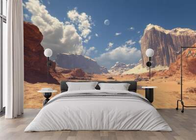 A vast desert landscape with towering red rock formations, a blue moon in the sky, and a hint of snow on the peaks. Wall mural