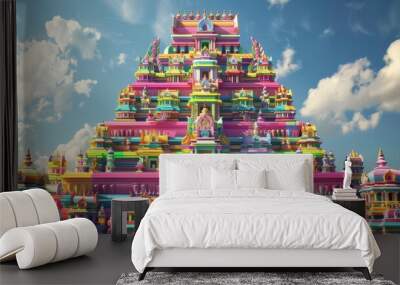 A vibrant, intricately detailed, multi-tiered temple with a bright blue sky and fluffy white clouds. Wall mural