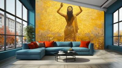 A woman in a golden saree stands with her arms raised towards a bright sun in the sky. Wall mural