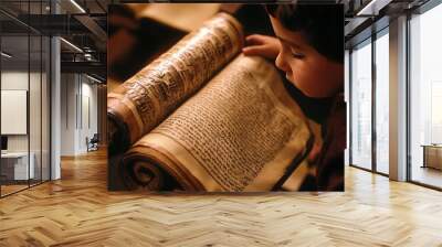 A young boy reads from an ancient scroll, his face focused on the text. Wall mural