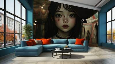 A young girl with a black balloon in a circus tent. Wall mural