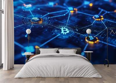 Abstract digital network with glowing Bitcoin symbol. Wall mural