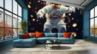 An astronaut floats in space, surrounded by golden coins. Wall mural