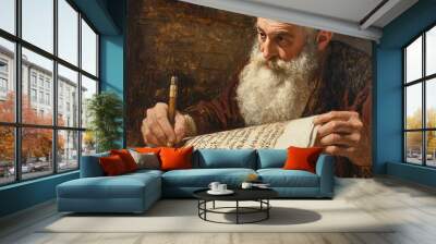 An elderly man with a long white beard and a white hat writes in a book with a quill pen. Wall mural