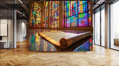 An open scroll lies on the polished floor of a cathedral with stained glass windows behind it. Wall mural