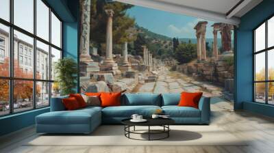 Ancient Roman road with pillars, stone pavement, and a view of the hills. Wall mural