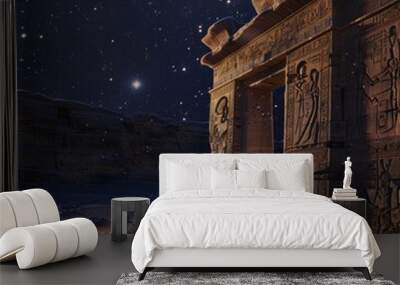 Ancient stone gateway under a starry sky in the desert. Wall mural