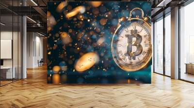 Bitcoin clock with golden confetti. Wall mural