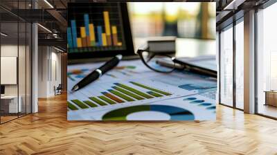 Business reports, charts, pen and glasses on a desk. Wall mural