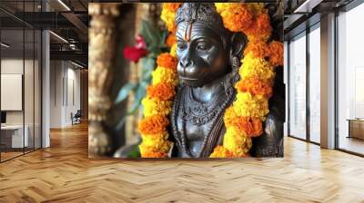 Close up of a black statue of the Hindu deity Hanuman adorned with yellow flower garlands. Wall mural