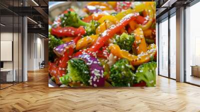 Close-up of a colorful salad with broccoli, bell peppers, and sesame seeds. Wall mural