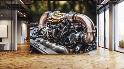 Close-up of a powerful and shiny engine with copper pipes. Wall mural